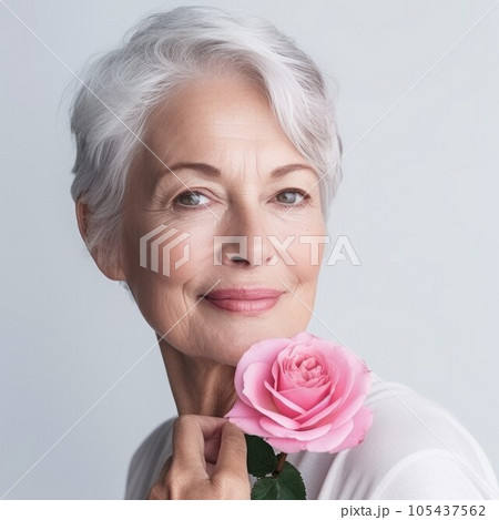 Portrait of a smiling senior woman with a pink rose in her hand. Happy elderly woman in a studio with a single bright pink flower. Beautiful smiling grandmother with tender rose on a white background. 105437562