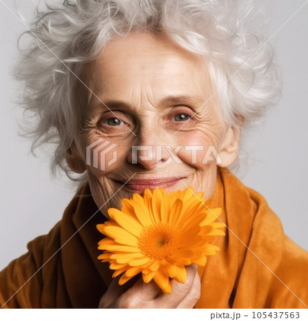Portrait of a smiling elderly woman with an orange gerbera in her hand. Happy elderly woman in a studio with a single yellow flower. Beautiful smiling woman with a tender gerbera on a grey background. 105437563