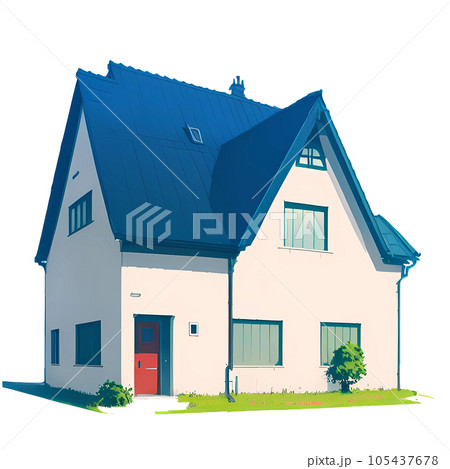 Real estate building illustration of white house. Flat style realistic home icon with garden Real estate building illustration of white house. Flat style realistic home icon with garden 105437678