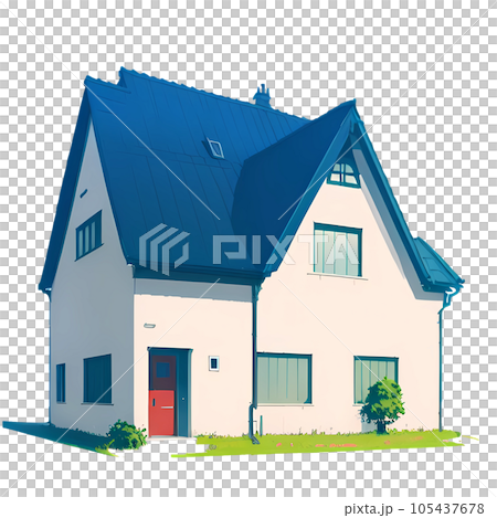 Real estate building illustration of white house. Flat style realistic home icon with garden Real estate building illustration of white house. Flat style realistic home icon with garden 105437678
