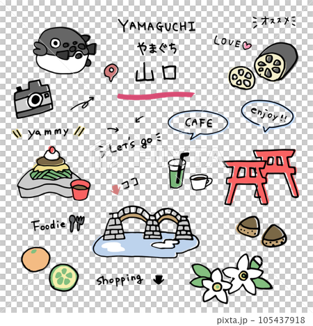 山口の手描きのアイコンセット 105437918
