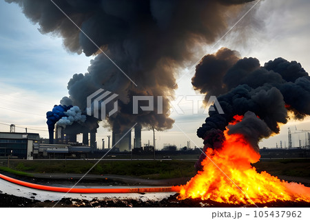 representation a scene depicts the issue of ecology pollution against a stark black representation a scene depicts the issue of ecology pollution against a stark black 105437962