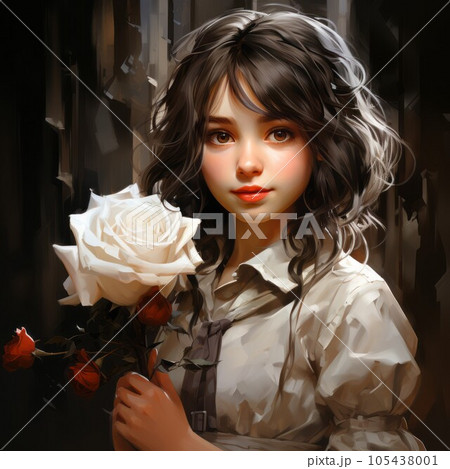 Art watercolor portrait of a beautiful little girl with rose flower looking to the camera. Portrait of a brunette beautiful little girl with white rose in hand. Beautiful little girl and flower. Art watercolor portrait of a beautiful little girl with rose flower looking to the camera. Portrait of a brunette beautiful little girl with white rose in hand. Beautiful little girl and flower. 105438001