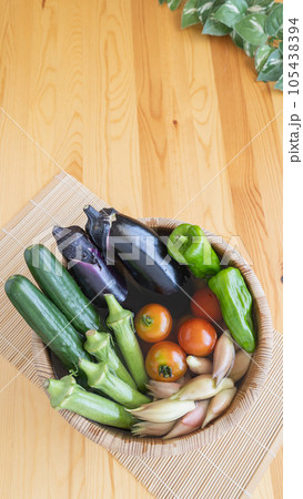 夏野菜イメージ・木桶に水を入れて野菜をつける｜きゅうり・なす・ピーマン・ミニトマト・オクラ・ミョウガ 105438394