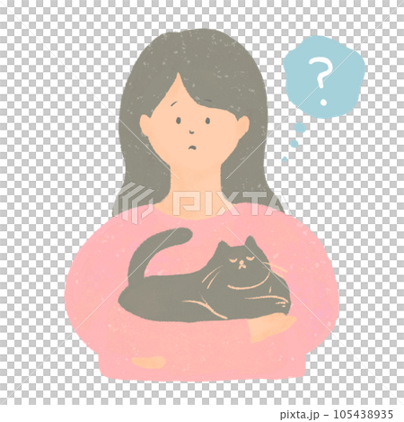 Illustration of a woman holding a cat while having doubts Illustration of a woman holding a cat while having doubts 105438935
