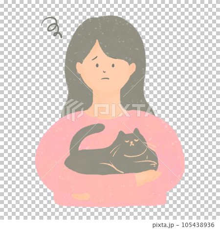 Illustration of a woman holding a cat with a troubled face Illustration of a woman holding a cat with a troubled face 105438936