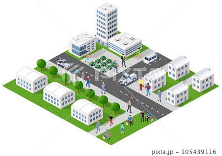 The city lifestyle scene on urban themes with houses, cars, people, 105439116