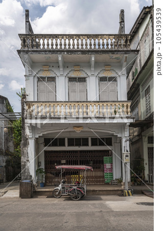 Authentic architecture of Thailand. Sino-Portuguese style building in the old town of Takua Pa Thailand, Phang Nga March 2, 2023 105439539