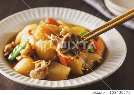 白い器に盛り付けた美味しそうな肉じゃが 白い器に盛り付けた美味しそうな肉じゃが 105439570