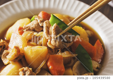 白い器に盛り付けた美味しそうな肉じゃが 白い器に盛り付けた美味しそうな肉じゃが 105439580