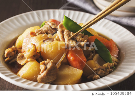 白い器に盛り付けた美味しそうな肉じゃが 白い器に盛り付けた美味しそうな肉じゃが 105439584