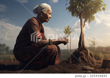 Elderly Asian woman is planting plants in her plantation. Elderly Asian woman is planting plants in her plantation. 105439895