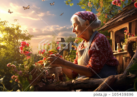 An old woman is planting a flowers inher garden. An old woman is planting a flowers inher garden. 105439896