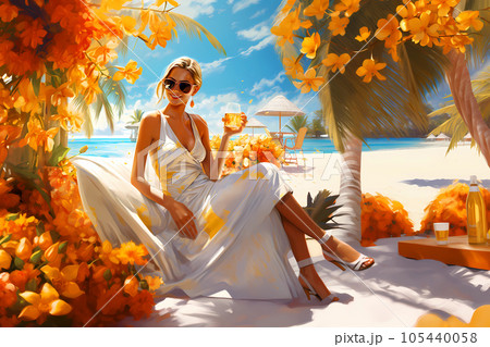 Illustration of a beautiful woman on vacation on a tropical island Illustration of a beautiful woman on vacation on a tropical island 105440058