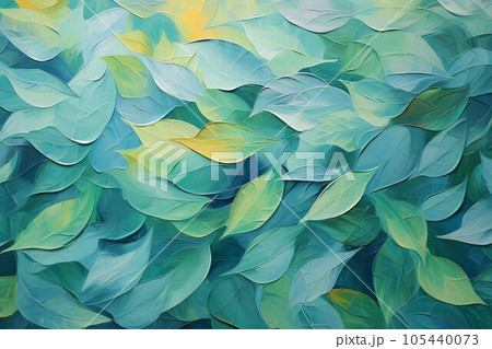 油絵のカラフルな背景バナー）緑色と黄色の葉っぱの模様のテンプレート