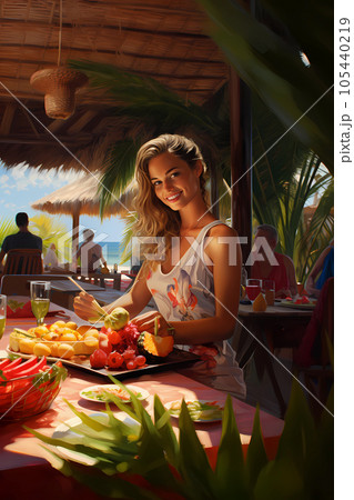 Illustration of a beautiful woman on vacation on a tropical island 105440219