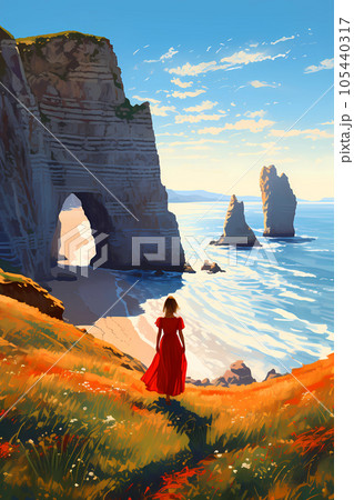 Panoramic view of the beach of Etretat in Normandy, France 105440317