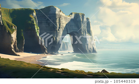 Panoramic view of the beach of Etretat in Normandy, France 105440319