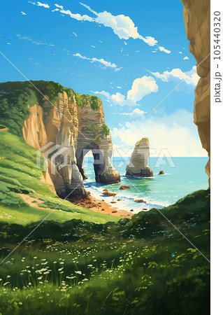 Panoramic view of the beach of Etretat in Normandy, France 105440320