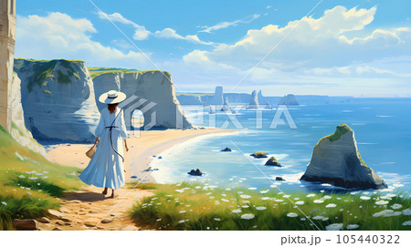 Panoramic view of the beach of Etretat in Normandy, France 105440322