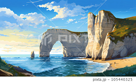 Panoramic view of the beach of Etretat in Normandy, France 105440325