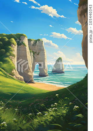 Panoramic view of the beach of Etretat in Normandy, France 105440343