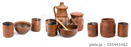 Collection of ceramic tableware isolated on white Collection of ceramic tableware isolated on white 105441482