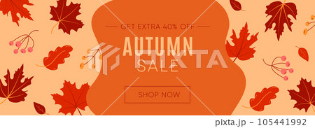 Autumn Sale poster or banner with autumn colorful leaves on brown background. Greetings and presents for Autumn season Autumn Sale poster or banner with autumn colorful leaves on brown background. Greetings and presents for Autumn season 105441992