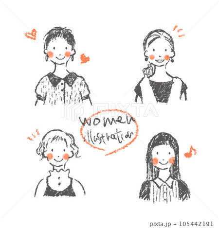 若い女性のナチュラルな手描きイラストセット　ハッピー　笑顔 105442191