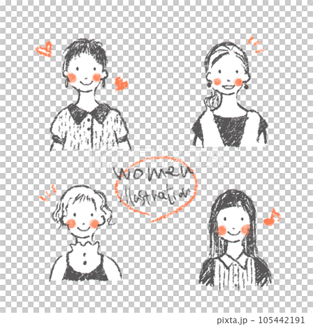 若い女性のナチュラルな手描きイラストセット　ハッピー　笑顔 105442191