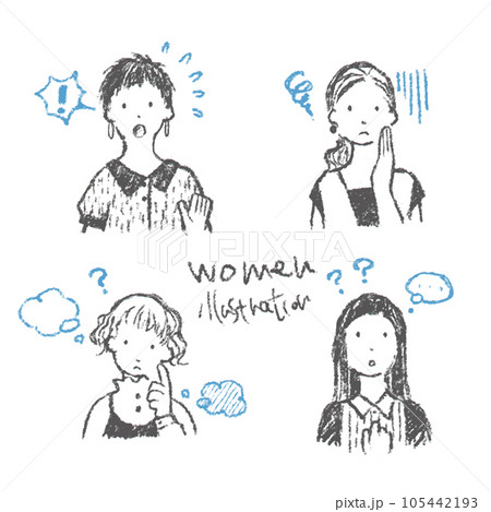 若い女性のナチュラルな手描きイラストセット　考える　トラブル 105442193