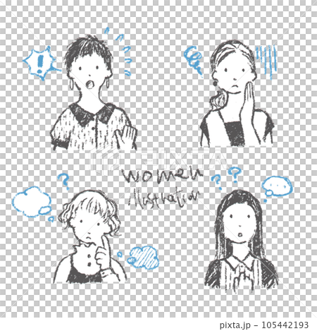 若い女性のナチュラルな手描きイラストセット　考える　トラブル 105442193