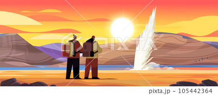 tourists couple near impressive eruption of active geyser hot water steam spraying out from under ground power fountain outdoor 105442364