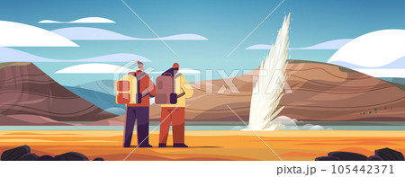 tourists couple near impressive eruption of active geyser hot water steam spraying out from under ground power fountain outdoor tourists couple near impressive eruption of active geyser hot water steam spraying out from under ground power fountain outdoor 105442371