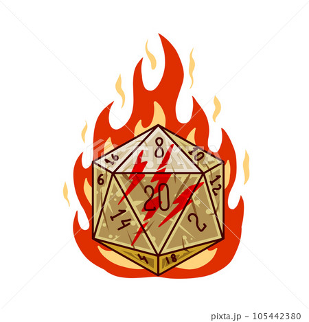 20 sided dice with numbers. Cartoon dice for fantasy dnd and rpg Board game. Magic fire isolated on white 105442380