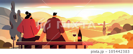couple drinking wine and enjoying landscape view of with clear river mountain ridge green meadow shores nature tourism travel couple drinking wine and enjoying landscape view of with clear river mountain ridge green meadow shores nature tourism travel 105442383
