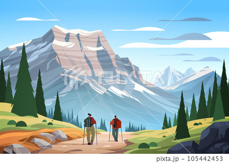 rear view of tourists hikers with backpacks travels along mountains and enjoying the view over beautiful nature landscape 105442453