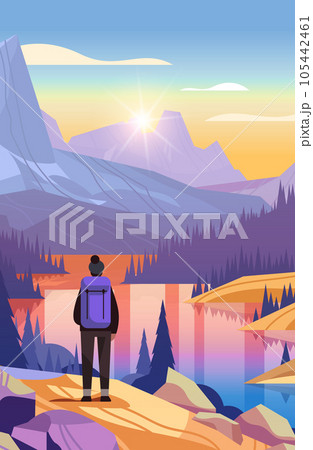 rear view of tourist with backpack travels along mountains and enjoying the view over beautiful nature landscape travelling hiking 105442461