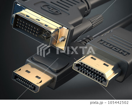 HDMI, Display port and DVI cables. Most common types of digital video cables and display connectors. 105442502