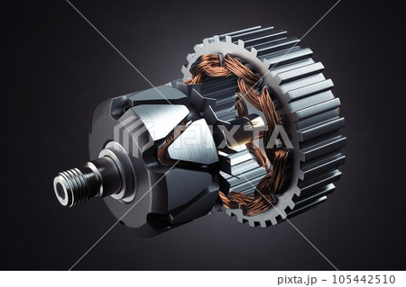 Rotor and stator of car alternator generator or electric motor on black. Rotor and stator of car alternator generator or electric motor on black. 105442510