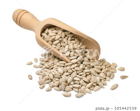 Shelled sunflower seeds in wooden scoop isolated on white background Shelled sunflower seeds in wooden scoop isolated on white background 105442539