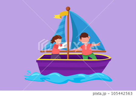 Cartoon flat style drawing cheerful little boy and girl in sailboat together. Happy kids sailing boat at small lake. Children on boat. Joyful adventures and travel. Graphic design vector illustration Cartoon flat style drawing cheerful little boy and girl in sailboat together. Happy kids sailing boat at small lake. Children on boat. Joyful adventures and travel. Graphic design vector illustration 105442563