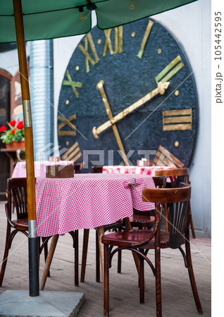 Chairs and table on empty terrace at cafe . 105442595