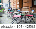 Chairs and table on empty terrace at cafe . 105442598