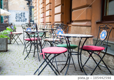Chairs and table on empty terrace at cafe . 105442598