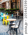Chairs and table on empty terrace at cafe . 105442599