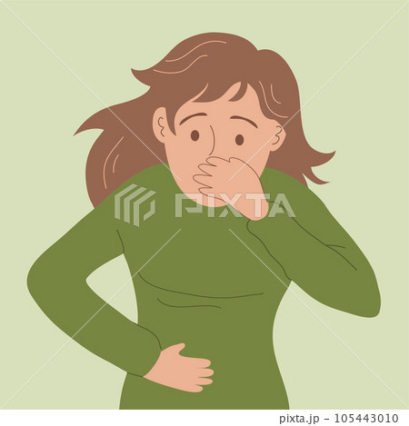 A young woman suffers from nausea and abdominal pain 105443010