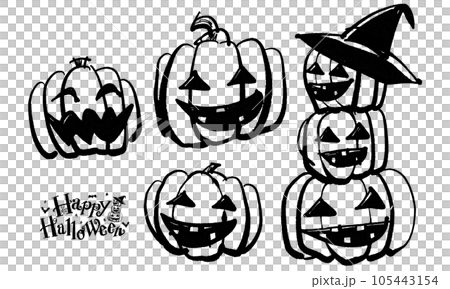 ハロウィンの手書きイラスト(筆書き水彩墨絵風)モノクロ ハロウィンの手書きイラスト(筆書き水彩墨絵風)モノクロ 105443154