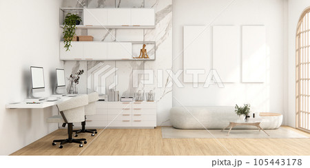 The interior Computer and office tools on desk room muji style interior design. 105443178