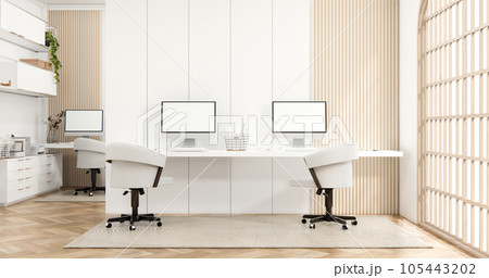 The interior Computer and office tools on desk room muji style interior design. 105443202